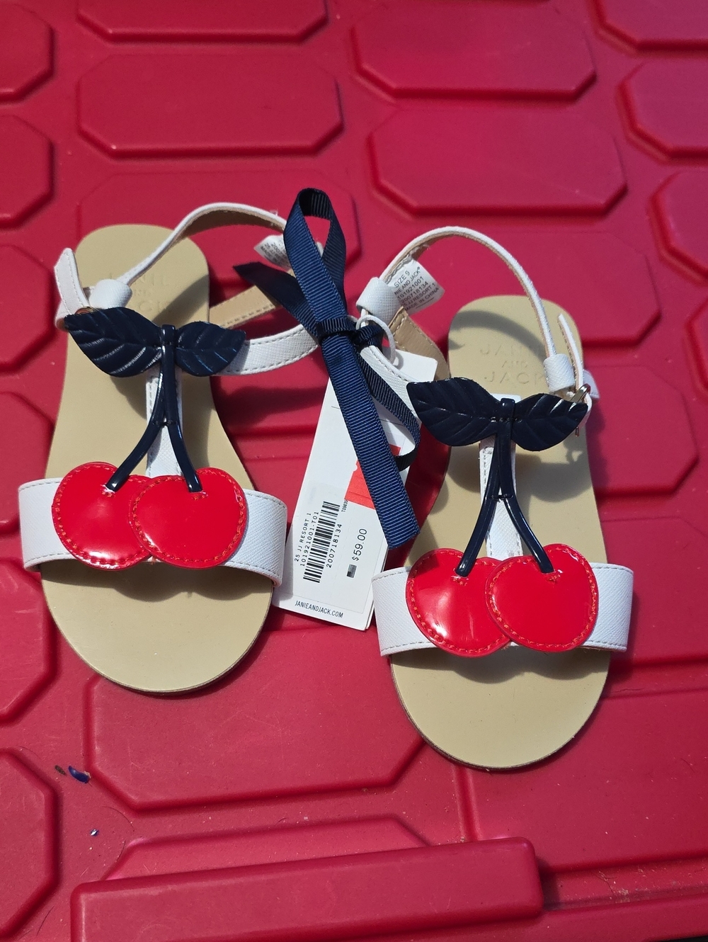 Janie and Jack White Girls' Cherry T-Strap Sandals with Red Accents